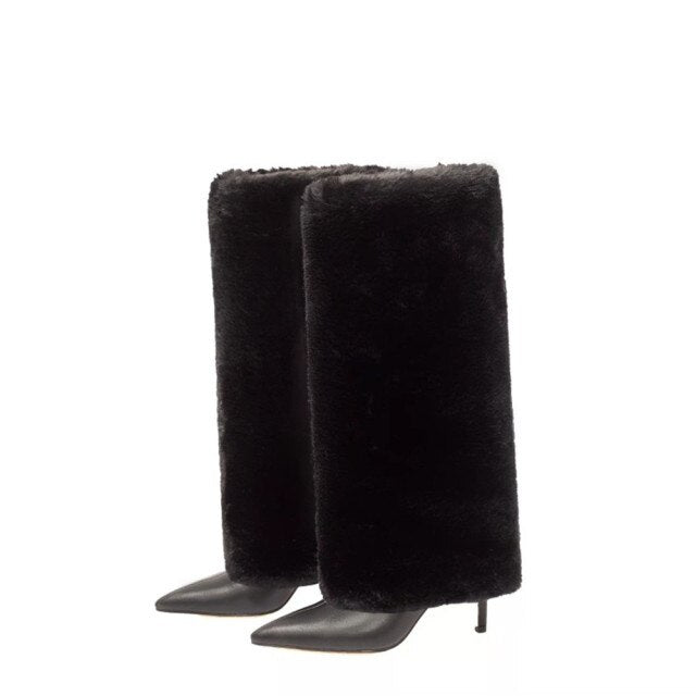  Leather Fur Design Knee High Boots- Sansa Costa 