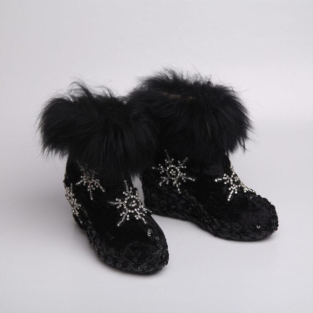 Rhinestones Crystal Real Fur Ankle Boots- Sansa Costa