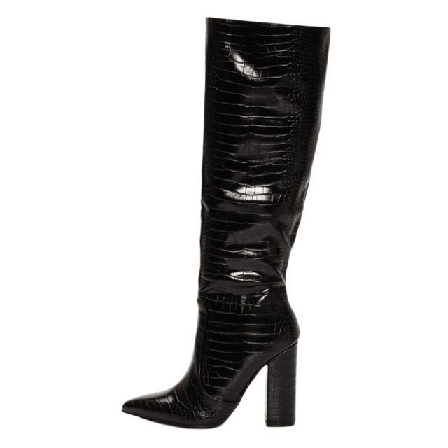 Croc Print Block Heel Knee High Boots- Sansa Costa