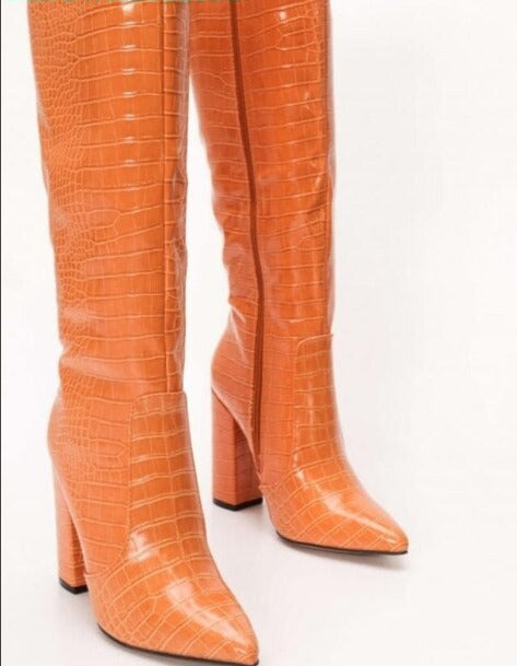  Croc Print Block Heel Knee High Boots- Sansa Costa