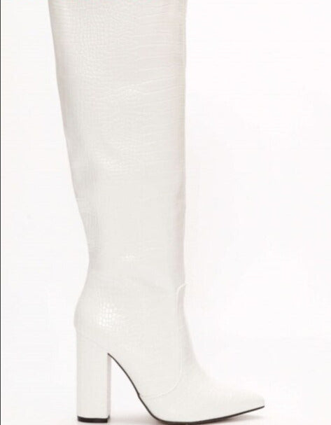  Croc Print Block Heel Knee High Boots- Sansa Costa