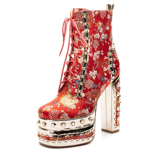  Floral Tapestry With Pearls Ankle Boots- Sansa Costa