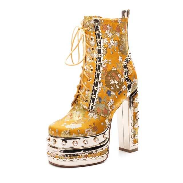  Floral Tapestry With Pearls Ankle Boots- Sansa Cosat