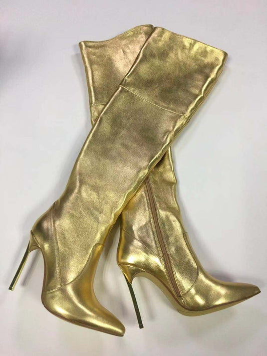 Gold Leather Metallic Over-the-Knee Boots- Sansa Costa