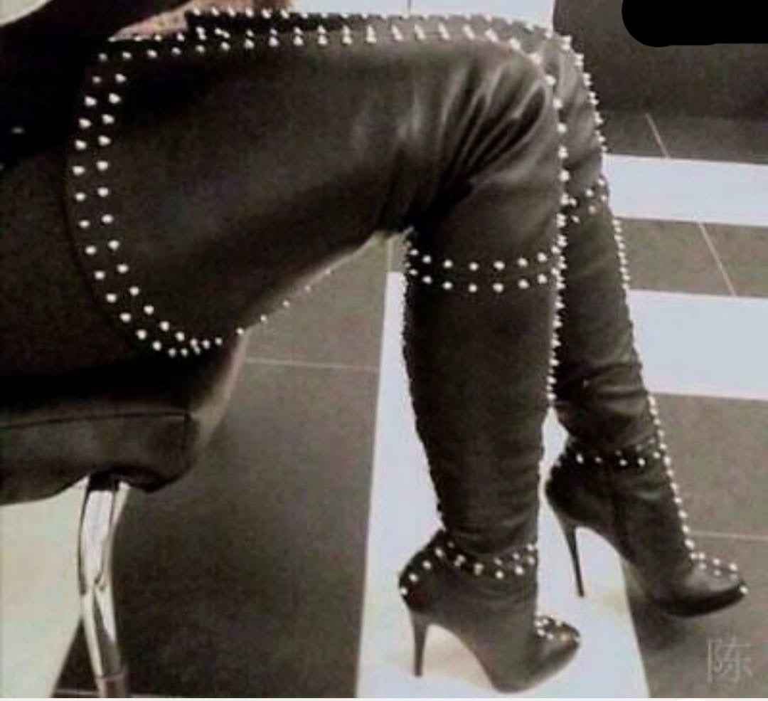 Black Rivet Thigh High Boots - Sansa Costa
